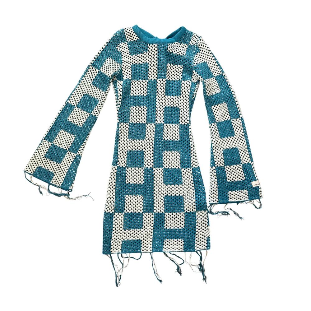 Crochet Mini Dress‎ teal blue Honor The Gift  Bell sleeves XS NWT